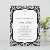 Invitation Blue Pearl Croix Bleu Noir Damas Christening (Debout devant)