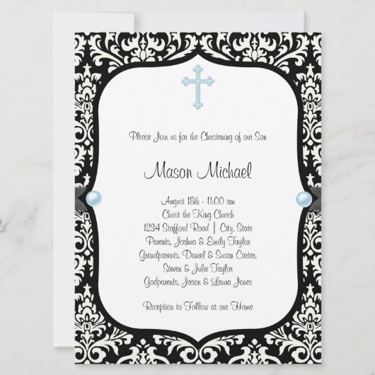 Invitation Blue Pearl Croix Bleu Noir Damas Christening (Devant)