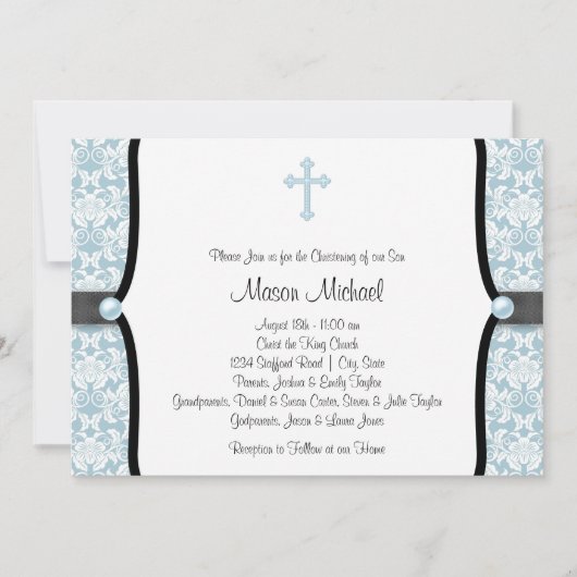 Invitation Blue Pearl Croix Bleu Noir Damas Christening (Devant)