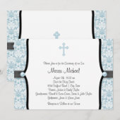 Invitation Blue Pearl Croix Bleu Noir Damas Christening (Devant / Derrière)