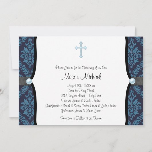 Invitation Blue Pearl Croix Bleu Noir Damas Christening (Devant)