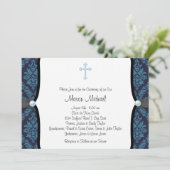 Invitation Blue Pearl Croix Bleu Noir Damas Christening (Debout devant)
