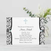 Invitation Blue Pearl Croix Bleu Noir Damas Christening (Debout devant)