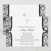 Invitation Blue Pearl Croix Bleu Noir Damas Christening (Devant / Derrière)