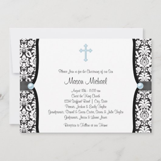 Invitation Blue Pearl Cross Blue Black Damask Christening (Devant)