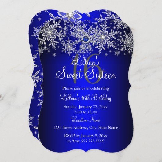 Invitation Blue Pearl Silver Snowflake Sweet 16 (Devant / Derrière)