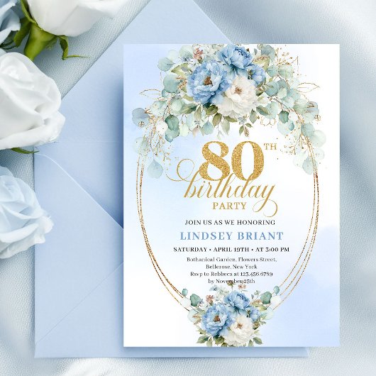 Invitation Blue Peonies Eucalyptus Greenery Gold 80th Invite
