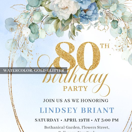 Invitation Blue Peonies Greenery Minimal Boho 80th Birthday