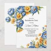 Invitation Blue Peony et Jaune Daisées Bachelorette Party (Devant / Derrière)