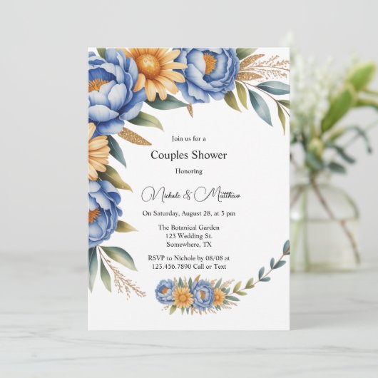 Invitation Blue Peony et Jaune Daisies Couples Douche (Debout devant)