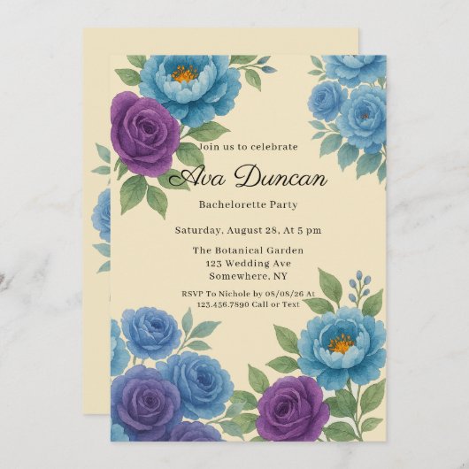 Invitation Blue Peony & Fig Purple Rose Bachelorette Party (Devant / Derrière)