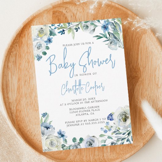 Invitation Blue Peony Floral Chic Spring Garden Baby shower