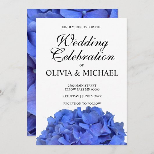 Invitation Blue periwinkel élégant floral hydrangeas Mariage (Devant / Derrière)