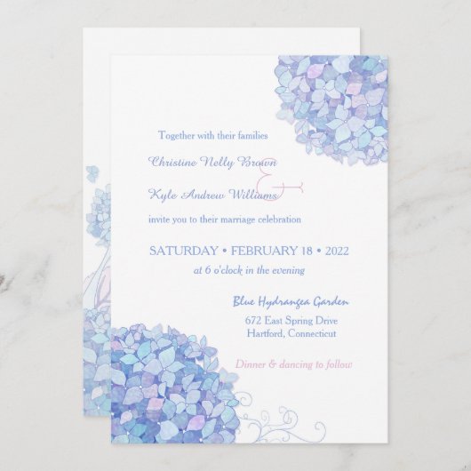 Invitation Blue Periwinkle Hydrangeas Jardin Mariage (Devant / Derrière)