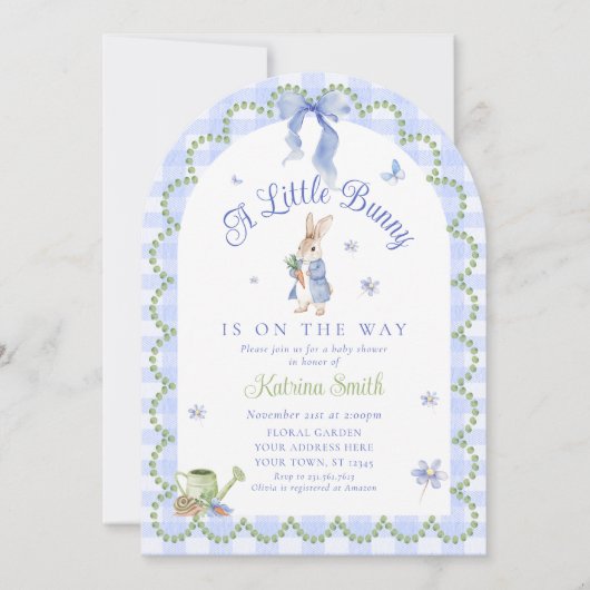Invitation Blue Peter Rabbit Gingham Baby Shower (Devant)