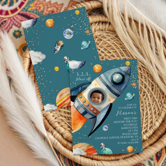 Invitation Blue Photo Rocket First Trip Around the Sun Space