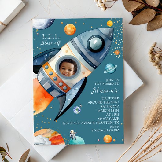 Invitation Blue Photo Rocket First Trip Around the Sun Space