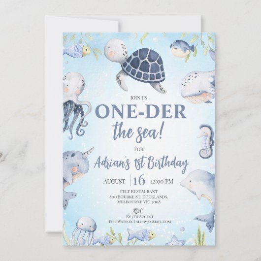 Invitation Blue Photo Sea Turtle One der The Sea 1er annivers (Devant)