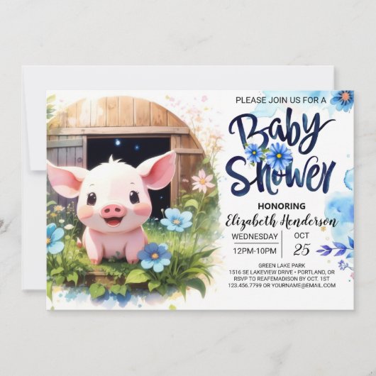 Invitation Blue Pig's Barnyard Bash Baby shower d'aventure (Devant)