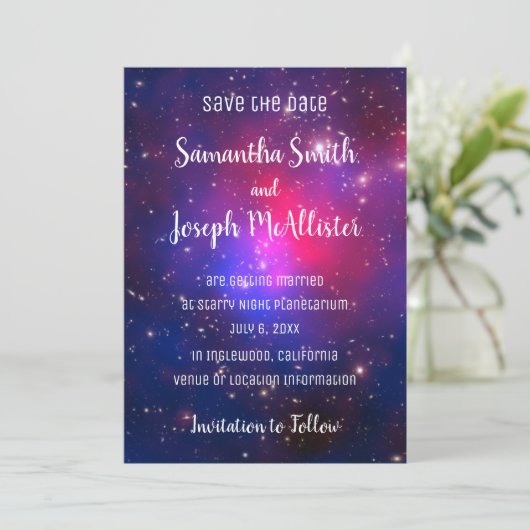 Invitation Blue Pink et Purple Space Image Enregistrer la dat (Debout devant)