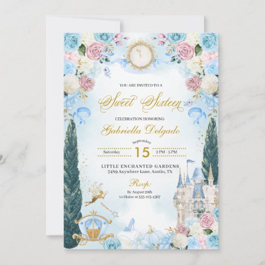Invitation Blue & Pink Fairytale Cinderella Princess Sweet 16 (Devant)