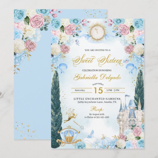 Invitation Blue & Pink Fairytale Cinderella Princess Sweet 16 (Devant / Derrière)