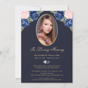 Invitation Blue Pink Gold Floral Photo Memorial Funérailles
