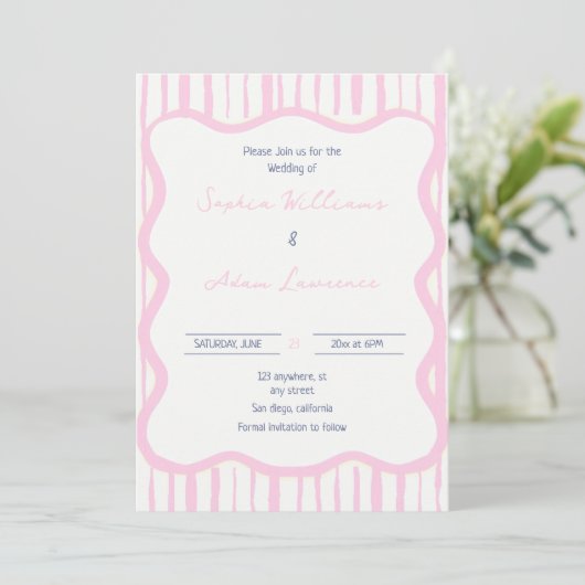 Invitation Blue pink Hand Written Pinstripe Whimsical Wedding (Debout devant)