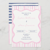 Invitation Blue pink Hand Written Pinstripe Whimsical Wedding (Devant / Derrière)
