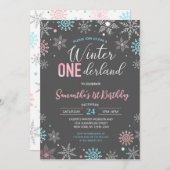 Invitation Blue Pink Winter Onederland Snowflake 1er annivers (Devant / Derrière)