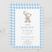Invitation Blue plaid and Bear Baby Shower Boy (Devant / Derrière)