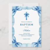Invitation Blue Plaid Watercolor Bows & Cross Boy Baptism (Devant)