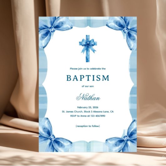 Invitation Blue Plaid Watercolor Bows & Cross Boy Baptism