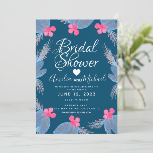 Invitation Blue Poinsettia Berry Fête des mariées d'aquarelle (Debout devant)