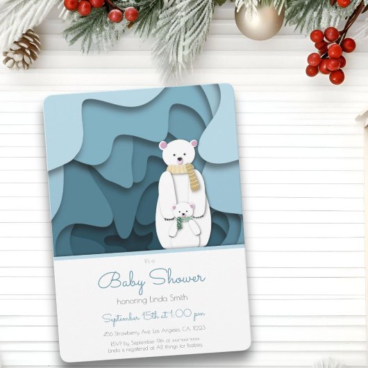 Invitation Blue Polar Ours maman et bébé dans le Baby shower