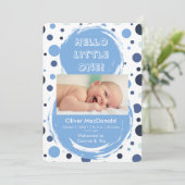 Invitation Blue polka dot Baby birth announcement (Debout devant)