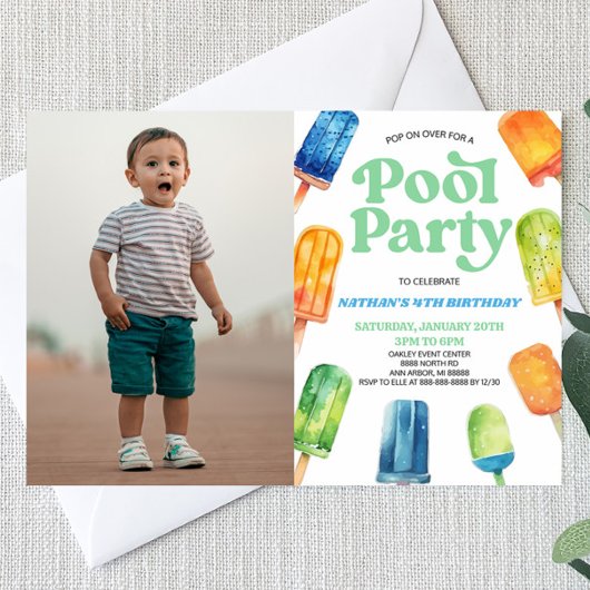 Invitation Blue Pool Party Popsicle Photo Anniversaire