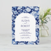 Invitation Blue Porcelain Chinoiserie Floral Mariage (Debout devant)