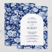 Invitation Blue Porcelain Chinoiserie Floral Mariage (Devant / Derrière)