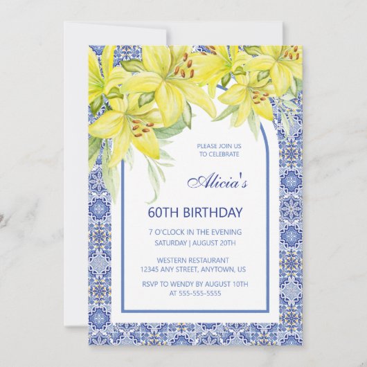 Invitation Blue Portugais Azulejo Lily Photo Anniversaire (Devant)