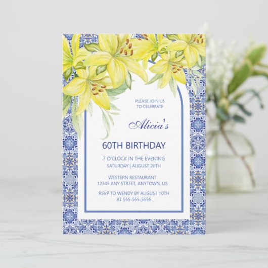 Invitation Blue Portugais Azulejo Lily Photo Anniversaire (Debout devant)