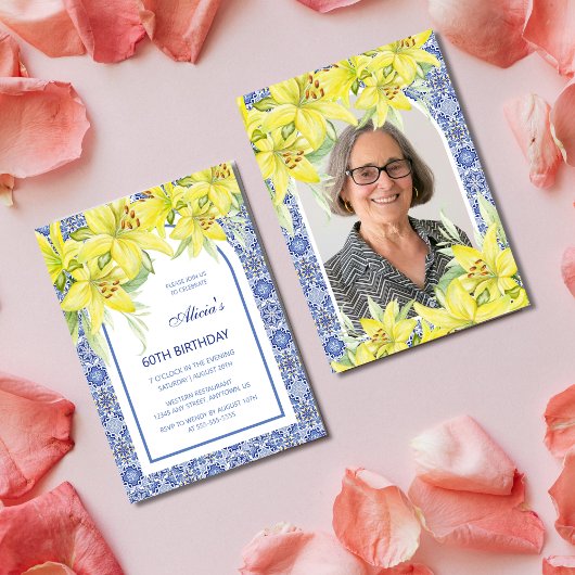 Invitation Blue Portugais Azulejo Lily Photo Anniversaire