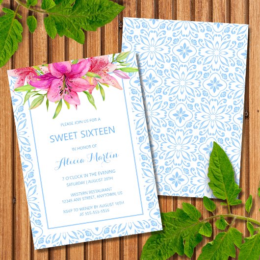 Invitation Blue Portugais Azulejo Tiles Lily 16e anniversaire