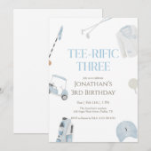 Invitation Blue Preppy Tee-Rific Three Golf Birthday (Devant / Derrière)