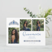 Invitation Blue Princess Quinceañera Tiara 3-Photos Spanish (Debout devant)