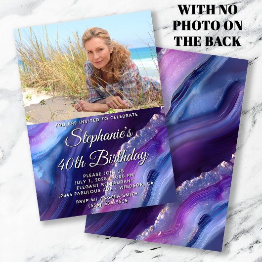 Invitation Blue Purple Agate Élégante photo 40e anniversaire