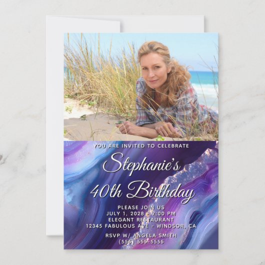 Invitation Blue Purple Agate Élégante photo 40e anniversaire (Devant)