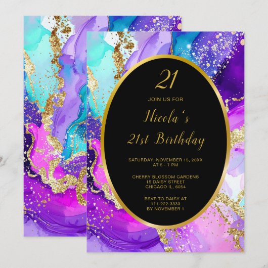 Invitation Blue, Purple and Gold Ink Birthday Party (Devant / Derrière)