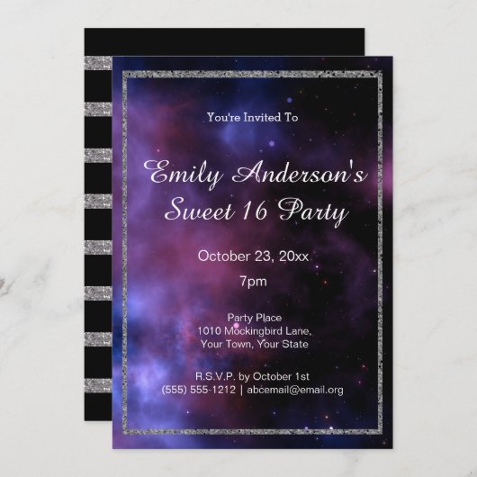 Invitation Blue Purple Galaxy Silver Sweet 16 Anniversaire (Devant / Derrière)