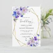 Invitation Blue Purple Gold Floral Tout en 1 QR Code Mariage (Debout devant)